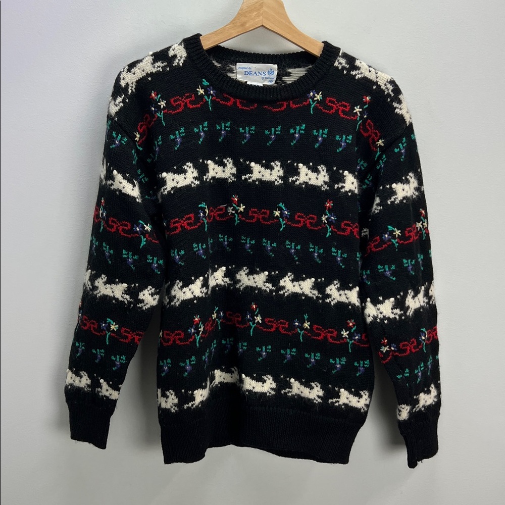 Vintage Deans Of Scotland Wool Sweater Knit Bunnies Bows Flowers Womens Small